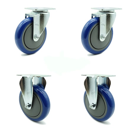 Service Caster 5 Inch Blue Polyurethane Wheel Swivel Top Plate Caster Set with 2 Rigid SCC SCC-20S514-PPUB-BLUE-TP3-2-R-2